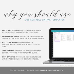 K&ouml;nnte beinhalten: Ein Laptop-Bildschirm zeigt eine Canva-Designvorlage mit dem Text "why you should use our editable Canva templates". Der Text listet f&uuml;nf Gr&uuml;nde auf, warum man Canva-Vorlagen verwenden sollte: All-in-One-Ressource, professionelles Bild, vollst&auml;ndig anpassbar, benutzerfreundlich und kosteng&uuml;nstig.