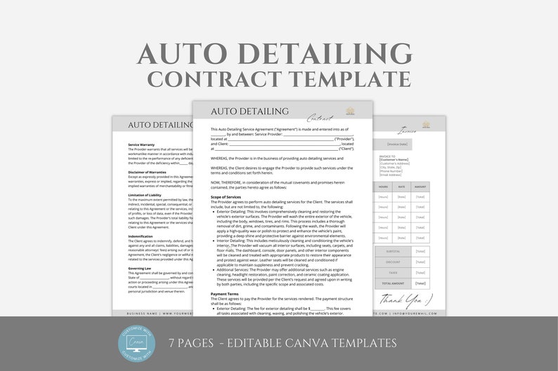 May include: A 7-page editable Canva template for an auto detailing contract. The template includes sections for service warranty, limitations of liability, scope of services, payment terms, and a thank you note.