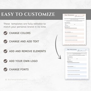 May include: A digital template for a pre-wedding questionnaire. The template is fully customisable and can be edited to match your personal brand. The text on the template reads "PRE-WEDDING Questionnaire".
