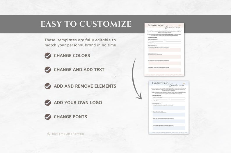 May include: A digital template for a pre-wedding questionnaire. The template is fully customisable and can be edited to match your personal brand. The text on the template reads "PRE-WEDDING Questionnaire".