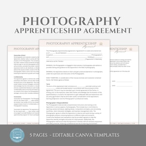 Könnte beinhalten: Eine Vorlage für einen Fotografen-Lehrvertrag mit modernem Design. Das Dokument enthält Abschnitte für die Vertragsbedingungen, die Pflichten des Fotografen und die Pflichten des Auszubildenden. Die Vorlage ist editierbar und kann verwendet werden, um einen professionell aussehenden Lehrvertrag zu erstellen.