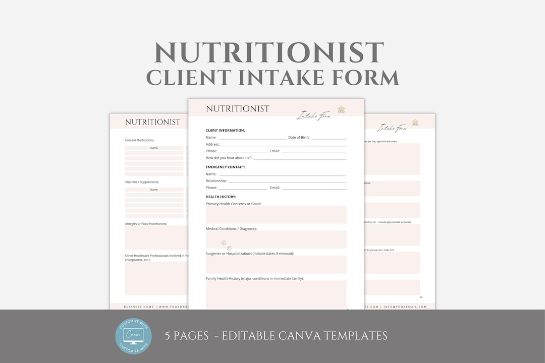 Editable Nutritionist Client Intake Form Template, Canva Editable ...