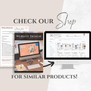 May include: A computer screen displaying a website design questionnaire with the text "Intake fun" and "Website Design" on a pink and orange background. An arrow points to a computer screen displaying a website with the text "BizTemplateForYou" and a variety of website templates. The text "CHECK OUR Shop" and "FOR SIMILAR PRODUCTS!" is displayed on the image.
