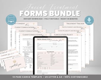 Editable Facial Treatment Forms Bundle, Esthetician Business Forms, Facial Consent Form, Aftercare Cards, Client Intake Form, Canva editable
