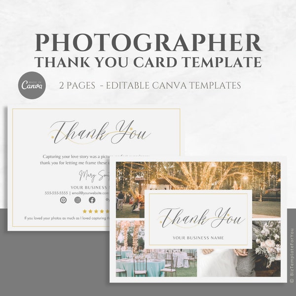 Editable Wedding Photography Thank You Card Template,  5x7 Thank You Card for Photographers, Client Appreciation Card Canva Template