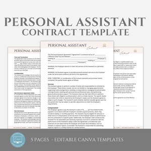 May include: A five-page editable Canva template for a personal assistant contract. The template includes sections for terms and termination, confidentiality, non-disclosure agreement, services, compensation, and more.