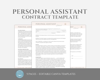 Puede incluir: Una plantilla de contrato de asistente personal editable de cinco páginas para Canva. La plantilla incluye secciones para términos y terminación, confidencialidad, acuerdo de no divulgación, servicios, compensación y más.
