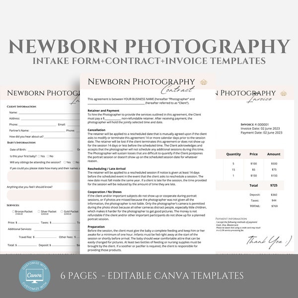 Editable Newborn Photography Forms Bundle incl. Intake Form and Photography Contract Template, FREE Invoice Template, Canva editable