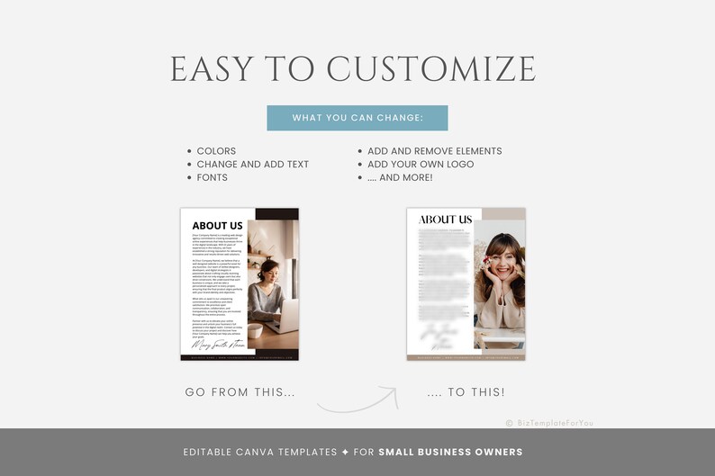 以下が含まれることがあります： 小さなビジネスのためにCanvaテンプレートをカスタマイズする方法を示す、ビフォーアフターの画像です。左側の画像は、ラップトップで作業している女性が写っているテンプレートです。右側の画像は、同じテンプレートで笑顔の女性が写っています。画像のテキストには、「簡単にカスタマイズできます」と「変更できる内容：色、テキストの変更と追加、フォント、要素の追加と削除、独自のロゴの追加、... その他！」、「ここから... これへ！」、「中小企業向けの編集可能なCanvaテンプレート」と記載されています。