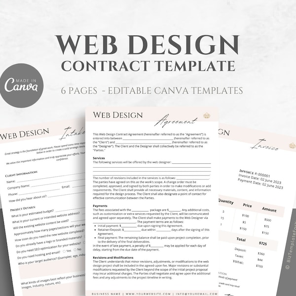 Editable Web Design Contract Template, Freelance Website Designer Service Agreement, incl. Intake Form and Invoice Template, Canva editable