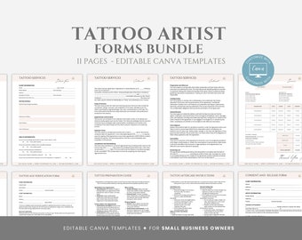 Editable Tattoo Artist Forms Bundle, Tattoo Contract Template, Tattoo Intake Form, Consent Form, Aftercare Guide, Tatto Artist Canva Forms