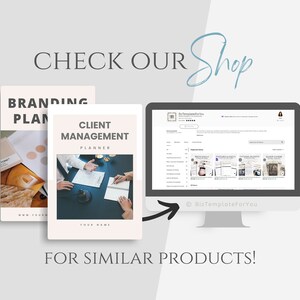 May include: A computer screen displaying a website with a variety of printable business templates. The website is called "BizTemplateForYou". The screen is next to two printable business templates, one for a branding plan and one for client management.