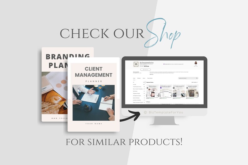 May include: A computer screen displaying a website with a variety of printable business templates. The website is called "BizTemplateForYou". The screen is next to two printable business templates, one for a branding plan and one for client management.
