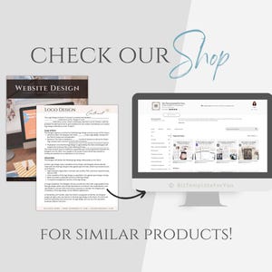 May include: A screenshot of a computer screen showing a website with a variety of digital products for sale. The website is called "BizTemplatesForYou" and features a variety of templates for logos, websites, and other business needs. The text "CHECK OUR Shop" is written in a handwritten font above the image.