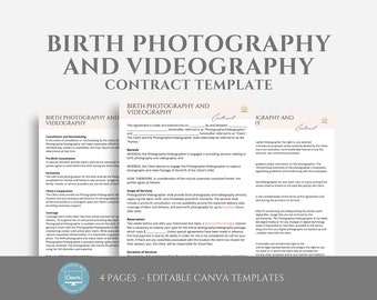 Editable Birth Photography and Videography Contract Template, Freelance Photographers and Videographers, Photography Contract, Canva Templ