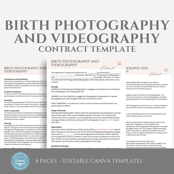 Editable Birth Photography and Videography Contract Template, Freelance Photographers and Videographers, Photography Contract, Canva Templ