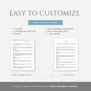 May include: A before and after image showing how to customize a contract template for an interior decorator. The original template is a simple black and white document with the title "Interior Decorator Agreement". The customized template has a gold crown design, a more decorative font, and the title "Interior Decorator Contract".