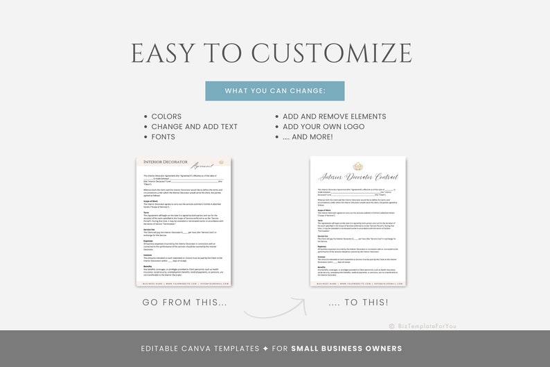 May include: A before and after image showing how to customize a contract template for an interior decorator. The original template is a simple black and white document with the title "Interior Decorator Agreement". The customized template has a gold crown design, a more decorative font, and the title "Interior Decorator Contract".