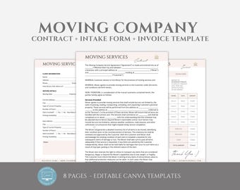 May include: A set of 8 printable moving company contract, intake form, and invoice templates. The templates are editable in Canva and feature a pink and white color scheme with a simple, modern design.