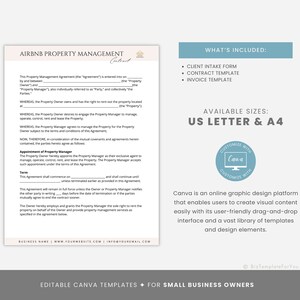 K&ouml;nnte beinhalten: Editierbare Canva-Vorlage f&uuml;r einen Airbnb-Vermietungsvertrag. Die Vorlage enth&auml;lt ein Kundenaufnahmeformular, eine Vertragsvorlage und eine Rechnungsvorlage. Erh&auml;ltlich in den Formaten US Letter und A4.