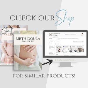 May include: A computer screen displaying a website with a variety of digital products, including a birth doula starter kit. The website is called BizTemplateForYou. The text "CHECK OUR Shop" is written above the image.