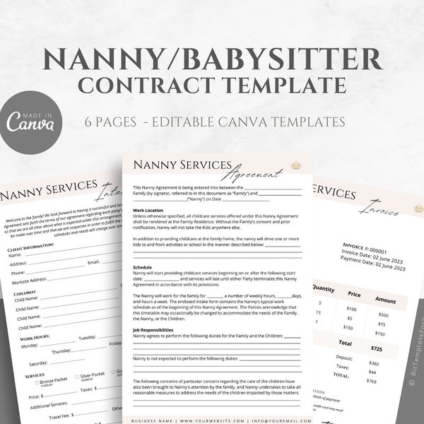Editable Nanny Contract Template, Nanny Intake Form, Babysitter Service Agreement, Invoice Template, Canva editable