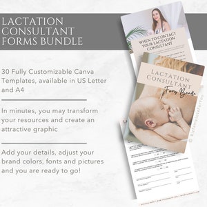 K&ouml;nnte beinhalten: Ein digitales Produktpaket f&uuml;r Stillberaterinnen. Das Paket enth&auml;lt 30 anpassbare Canva-Vorlagen in den Formaten US Letter und A4. Das Bild zeigt ein Mockup eines Formulars mit dem Text "Lactation Consultant Forms Bundle".