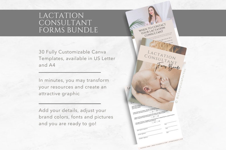 K&ouml;nnte beinhalten: Ein digitales Produktpaket f&uuml;r Stillberaterinnen. Das Paket enth&auml;lt 30 anpassbare Canva-Vorlagen in den Formaten US Letter und A4. Das Bild zeigt ein Mockup eines Formulars mit dem Text "Lactation Consultant Forms Bundle".