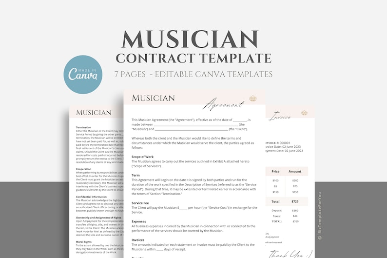 Editable Musician Contract Template, Music Artist Service Agreement
