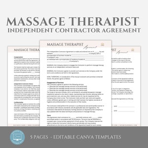 May include: A three-page document titled "Massage Therapist Independent Contractor Agreement". The document is a legal agreement between a massage therapist and a company. The document includes sections on compensation, engagement of services, confidentiality, and termination.