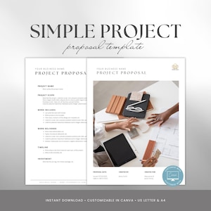May include: A Simple Project Proposal template with the text "SIMPLE PROJECT proposal template". The template includes sections for project name, scope, work, and investment. The image shows a workspace with a tablet, glasses, and wooden blocks.