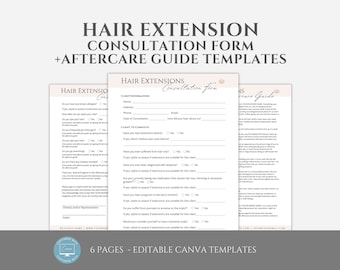 May include: A set of six printable hair extension consultation and aftercare guide templates. The templates are designed for use with Canva and feature a light pink background with a gold floral design.