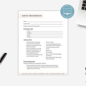 May include: A printable birth preferences checklist with sections for personal information, support team, preferences for labor and delivery, and other interventions. The checklist includes options for pain management, food and drink, and visitors.