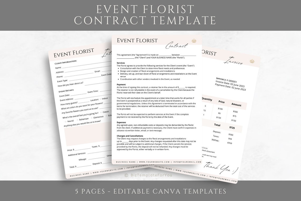Editable Event Florist Contract Template, Flower Arrangements Service