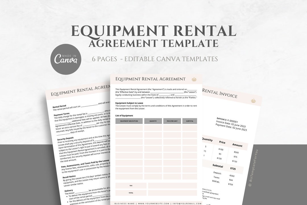 Editable Equipment Rental Agreement Template Party Supplies Etsy