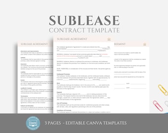 Editable Sublease Agreement Template, Sub Lease Agreement, Rental Lease Contract Template, Roommate Agreement, Canva Template