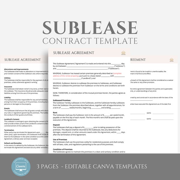 Editable Sublease Agreement Template, Sub Lease Agreement, Rental Lease Contract Template, Roommate Agreement, Canva Template