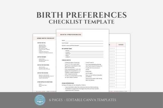 Editable Birth Plan Checklist, Birth Plan Template, Hospital Bag Checklist, Postpartum Checklist, Home Birth Checklist, Birth Preferences