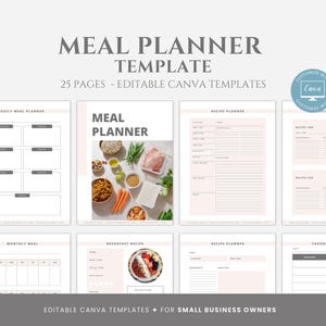 Editable Meal Planner Template, Weekly Meal Planner, Diet Planner, Grocery List, Recipe Cards, Printable Planner, Canva Template