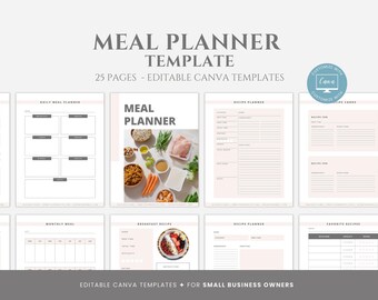 Editable Meal Planner Template, Weekly Meal Planner, Diet Planner, Grocery List, Recipe Cards, Printable Planner, Canva Template