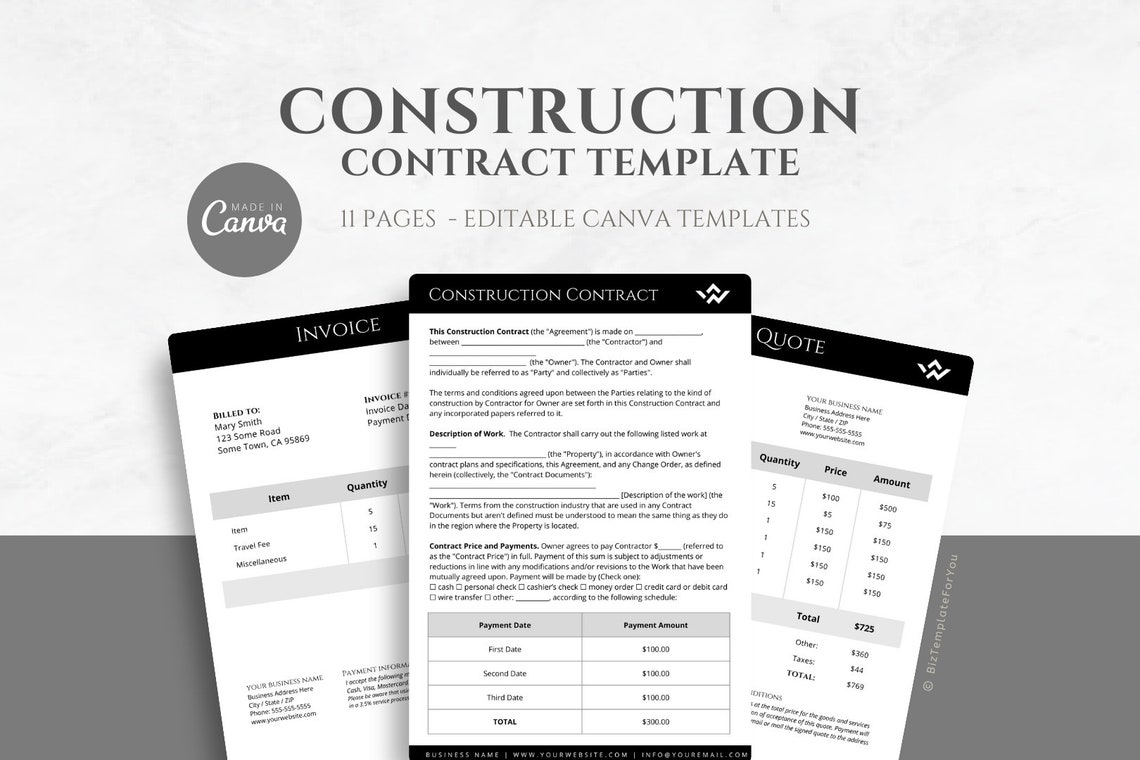 Editable Construction Contract Template Professional - Etsy