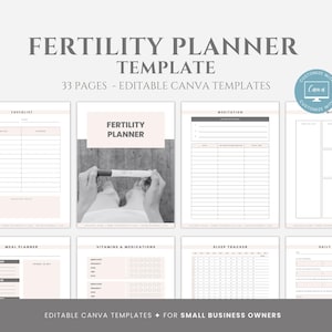 Puede incluir: Una plantilla de planificador de fertilidad imprimible con 33 páginas. La plantilla incluye páginas para listas de verificación, planificación de comidas, seguimiento del sueño y más. La plantilla está diseñada para ser utilizada con Canva.