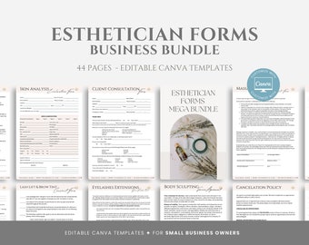 May include: A set of 44 printable, editable Canva templates for esthetician forms. The forms include a client consultation, skin analysis, lash lift and brow tint, eyelash extensions, body sculpting, cancellation policy, and more. The forms are designed with a modern, minimalist aesthetic and feature a light pink and beige color scheme.