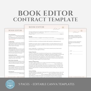 Könnte beinhalten: Eine Buchbearbeitungs-Vertragsvorlage mit beigefarbenem Hintergrund und einem braunen und weißen Design. Der Text "Buchbearbeitungs-Vertragsvorlage" befindet sich oben auf der Seite. Der Vertrag ist in fünf Seiten unterteilt, jede mit einem anderen Abschnitt des Vertrags. Der Vertrag umfasst Abschnitte über Gebühren und Zahlungen, Vertraulichkeit, geistiges Eigentum, Umfang der Leistungen, Lieferung des Manuskripts, Bedingungen der Bearbeitung und mehr.