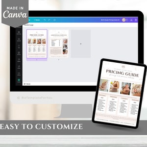 May include: A digital template for a pricing guide for a photography business. The template features a light pink background with a white border and a title that reads "Pricing Guide". The template includes four sections for different types of photography services, each with a photo of a baby and a list of pricing details.