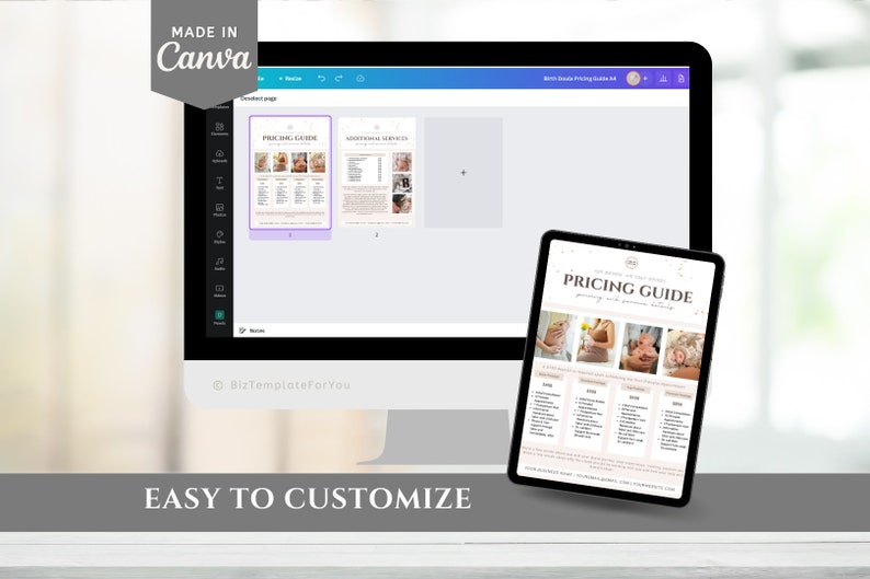 May include: A digital template for a pricing guide for a photography business. The template features a light pink background with a white border and a title that reads "Pricing Guide". The template includes four sections for different types of photography services, each with a photo of a baby and a list of pricing details.