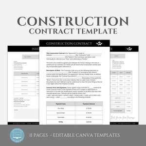 Editable Construction Contract Template, Professional Construction Services Agreement, Residential Construction, Contractor Business, Canva