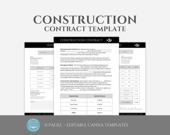 Op de afbeelding: Een zwart-witte bouwcontracttemplate met de titel "Construction Contract Template" bovenaan. De sjabloon bevat secties voor de informatie van de aannemer en de eigenaar, de beschrijving van het werk, de contractprijs en betalingen, en de betalingsschema.