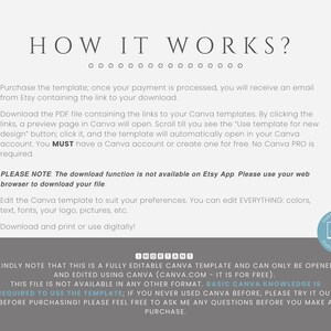 May include: A text-based image explaining how to use a Canva template. The image includes instructions on how to download the template, edit it, and use it. It also mentions that the template is fully editable and can only be opened and edited using Canva.