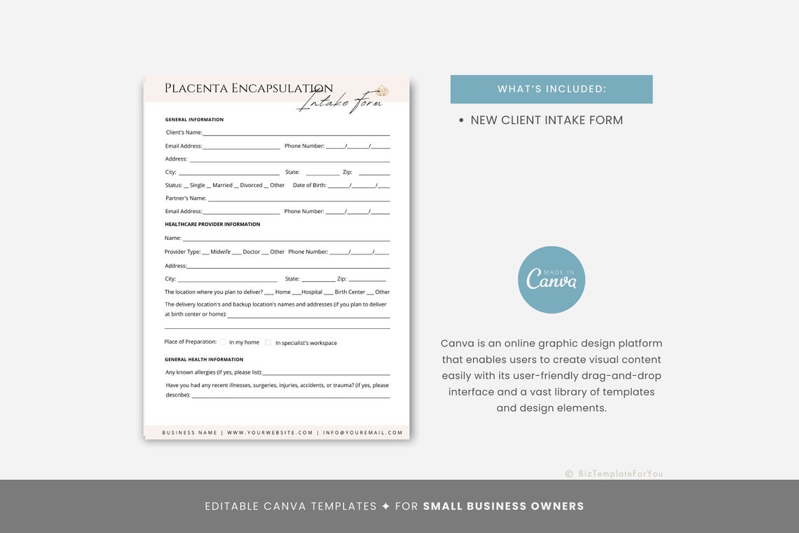 Editable Placenta Encapsulation Client Intake Form Template for Doulas ...